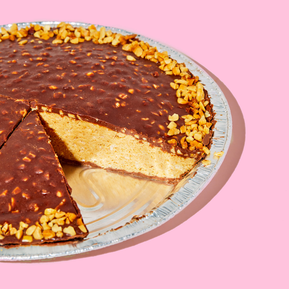 The limited-edition Chocolate Peanut Butter Crunch Pie with a slice removed.