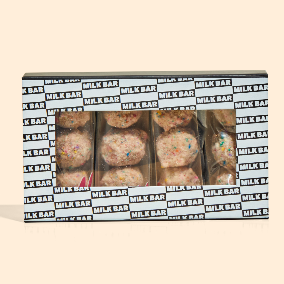 Front view of the b'day cake truffle box with individual 3-packs inside.