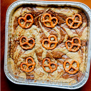 Overhead of pretzel swirl brownies in a pan.