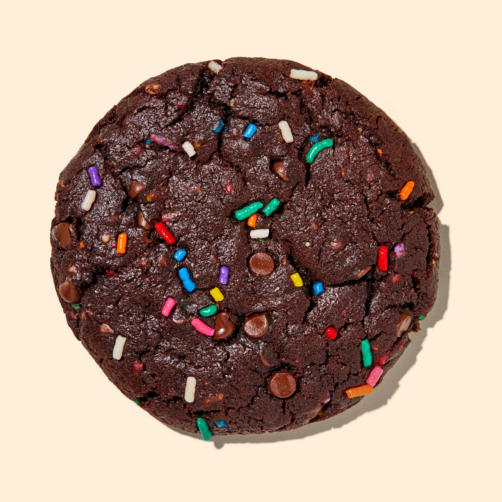 overhead close up view of the chocolate confetti cookie.