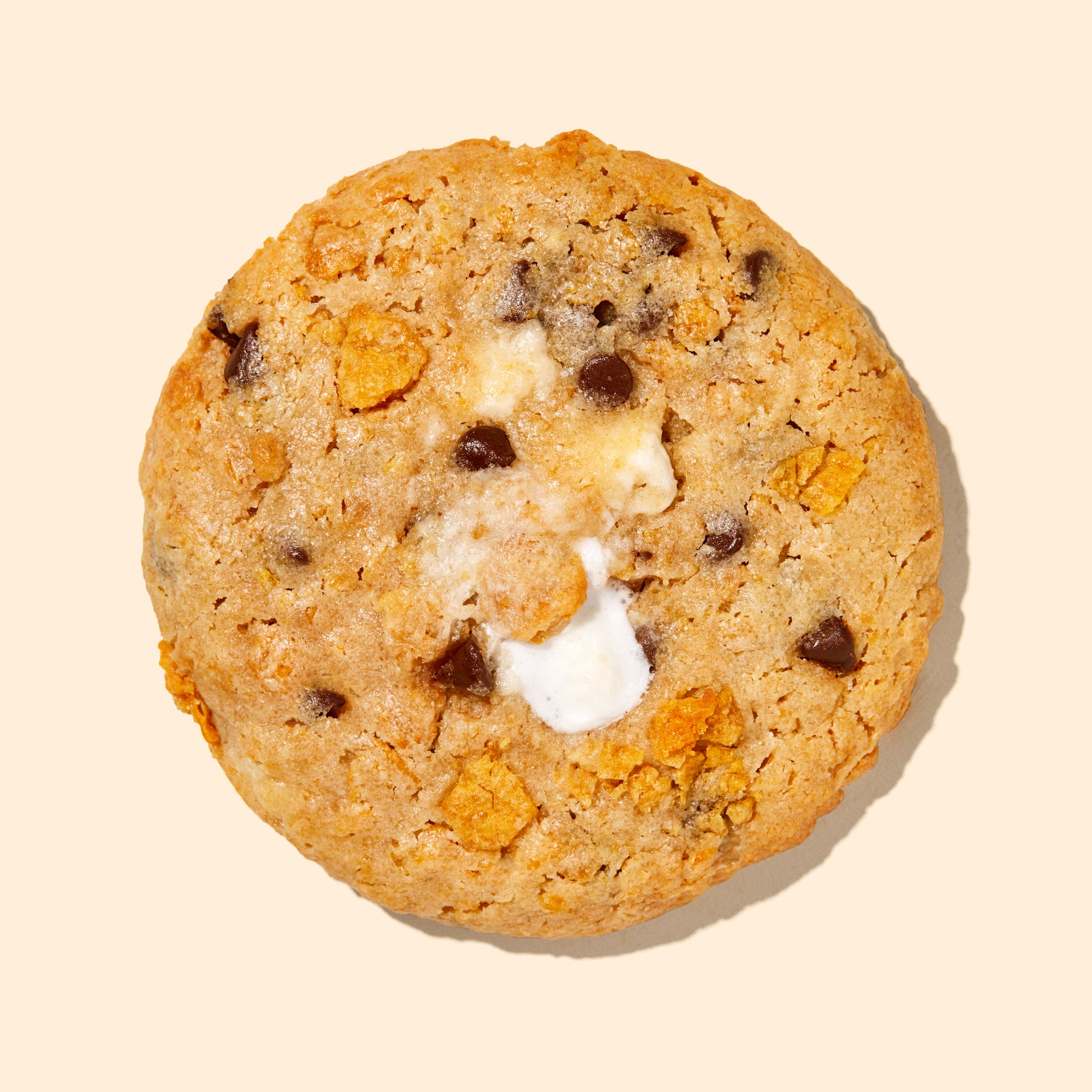 overhead close up view of the cornflake chocolate chip marshmallow cookie.