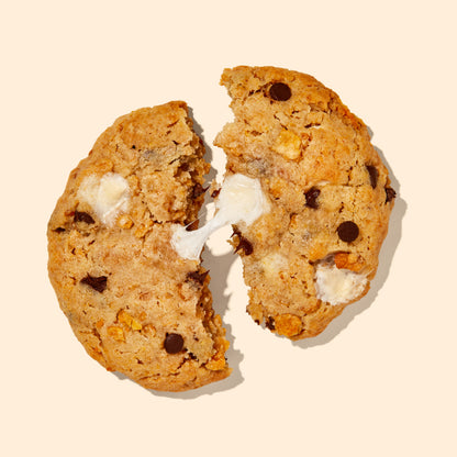 overhead of cornflake chocolate chip marshmallow cookie split in half