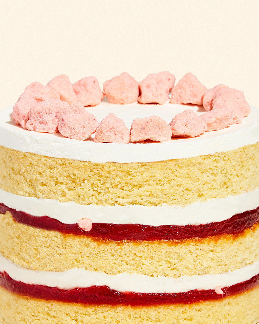 Macro side view of the limited-edition 6 inch strawberry shortcake cake layers and fillings. 