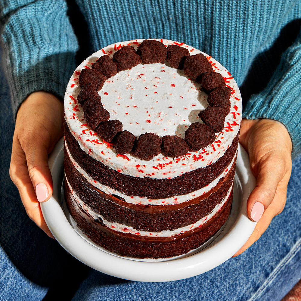 A person presenting a whole peppermint bark cake on a small plate.