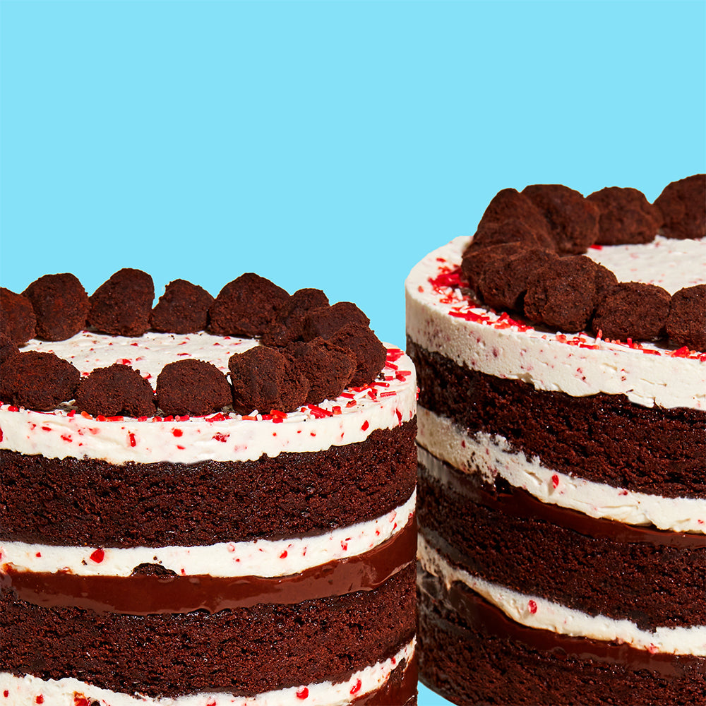 Side view of all the delicious chocolate and peppermint layers in the 6 inch and 10 inch peppermint bark cakes.