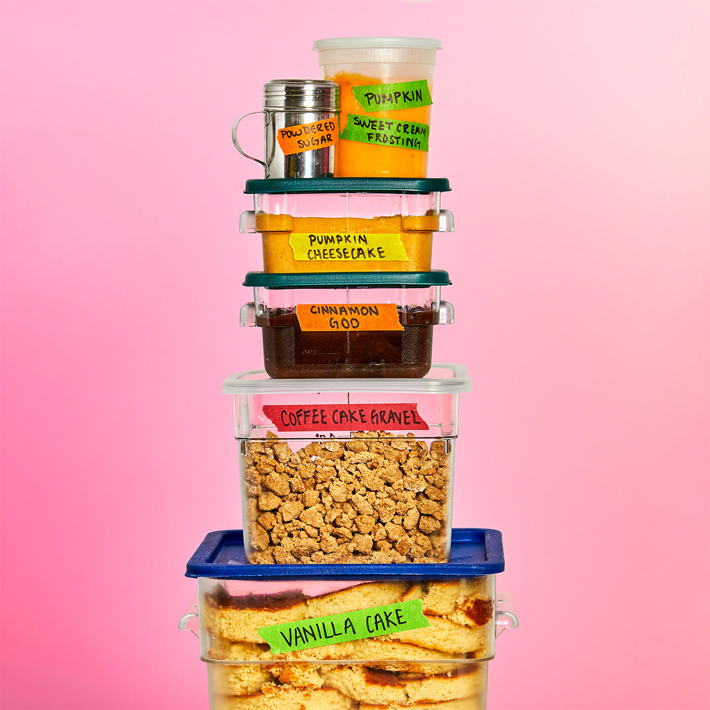 A stack of containers that include all the components that make up each layer of the 6