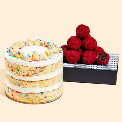 A 6" Birthday Cake next to a box of Red Velvet Cheesecake Cake Truffles.