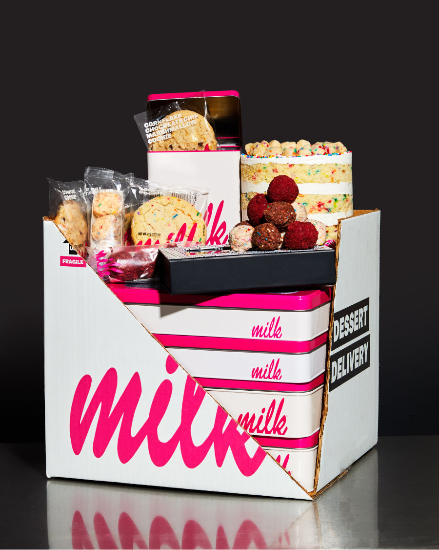 A milk bar branded shipping box filled with assorted treats!