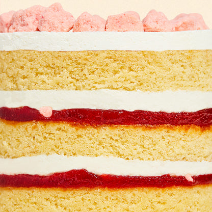 Macro side view of the layers in the 6 inch strawberry shortcake cake.