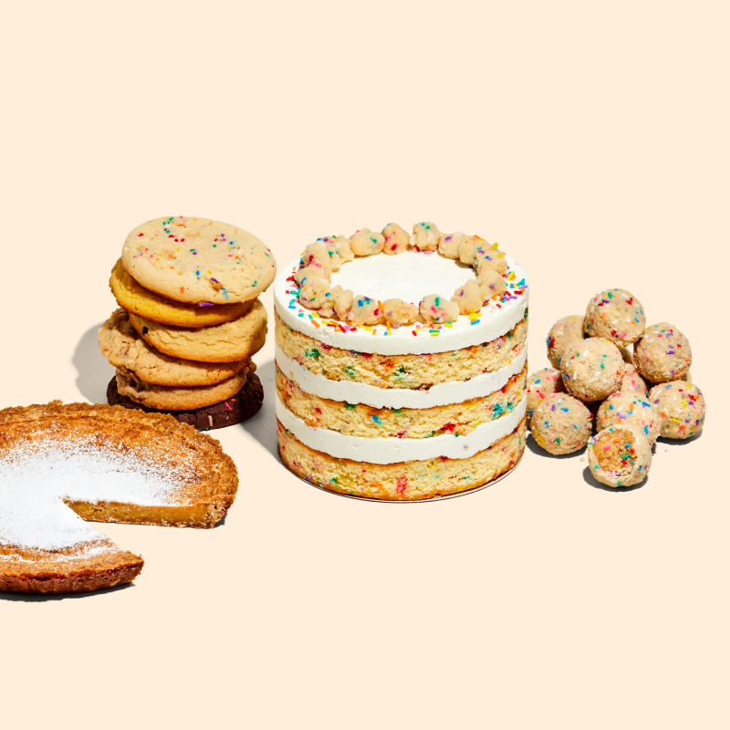 6" Birthday Cake, Birthday Truffles, Milk Bar Pie and 6 Assorted Cookies stacked