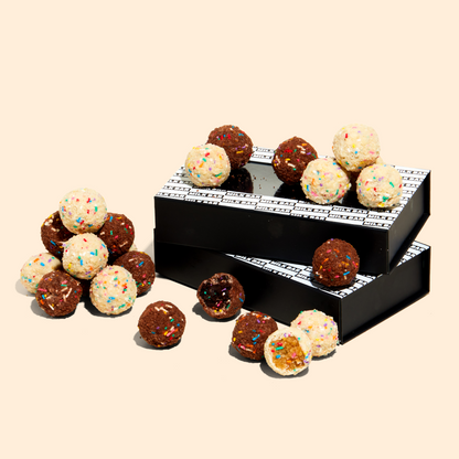 Opened Chocolate B'day Truffle Dozen Box with Birthday Truffle Dozen Box stacked below